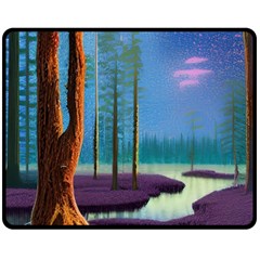 Artwork Outdoors Night Trees Setting Scene Forest Woods Light Moonlight Nature Two Sides Fleece Blanket (medium) by Posterlux