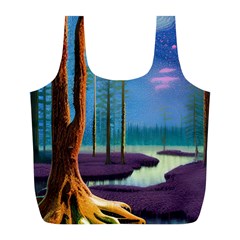 Artwork Outdoors Night Trees Setting Scene Forest Woods Light Moonlight Nature Full Print Recycle Bag (l)