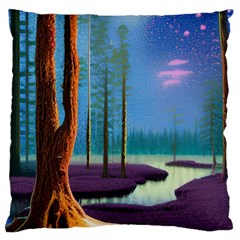 Artwork Outdoors Night Trees Setting Scene Forest Woods Light Moonlight Nature Standard Premium Plush Fleece Cushion Case (two Sides) by Posterlux