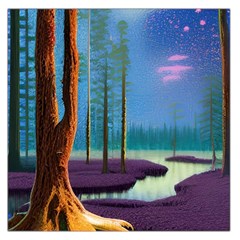 Artwork Outdoors Night Trees Setting Scene Forest Woods Light Moonlight Nature Square Satin Scarf (36  X 36 ) by Posterlux