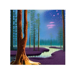 Artwork Outdoors Night Trees Setting Scene Forest Woods Light Moonlight Nature Square Satin Scarf (30  X 30 ) by Posterlux