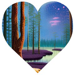 Artwork Outdoors Night Trees Setting Scene Forest Woods Light Moonlight Nature Wooden Puzzle Heart by Posterlux