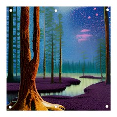 Artwork Outdoors Night Trees Setting Scene Forest Woods Light Moonlight Nature Banner And Sign 3  X 3  by Posterlux