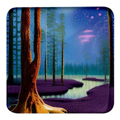 Artwork Outdoors Night Trees Setting Scene Forest Woods Light Moonlight Nature Square Glass Fridge Magnet (4 Pack) by Posterlux