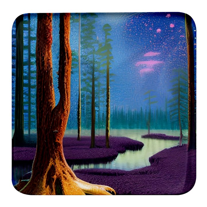 Artwork Outdoors Night Trees Setting Scene Forest Woods Light Moonlight Nature Square Glass Fridge Magnet (4 pack)