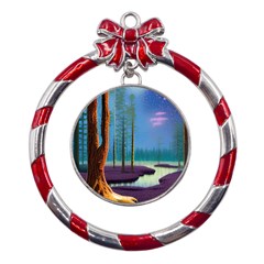 Artwork Outdoors Night Trees Setting Scene Forest Woods Light Moonlight Nature Metal Red Ribbon Round Ornament