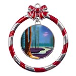 Artwork Outdoors Night Trees Setting Scene Forest Woods Light Moonlight Nature Metal Red Ribbon Round Ornament Front