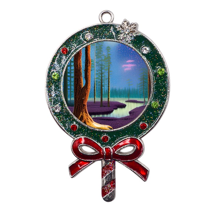 Artwork Outdoors Night Trees Setting Scene Forest Woods Light Moonlight Nature Metal X Mas Lollipop with Crystal Ornament