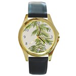 Watercolor Leaves Branch Nature Plant Growing Still Life Botanical Study Round Gold Metal Watch Front