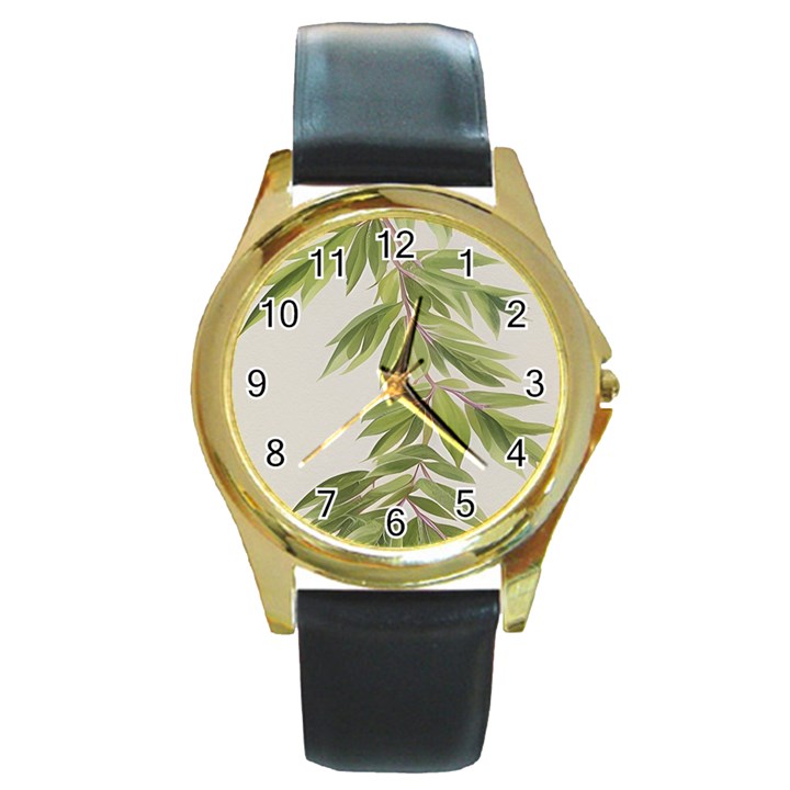 Watercolor Leaves Branch Nature Plant Growing Still Life Botanical Study Round Gold Metal Watch