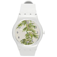 Watercolor Leaves Branch Nature Plant Growing Still Life Botanical Study Round Plastic Sport Watch (m)