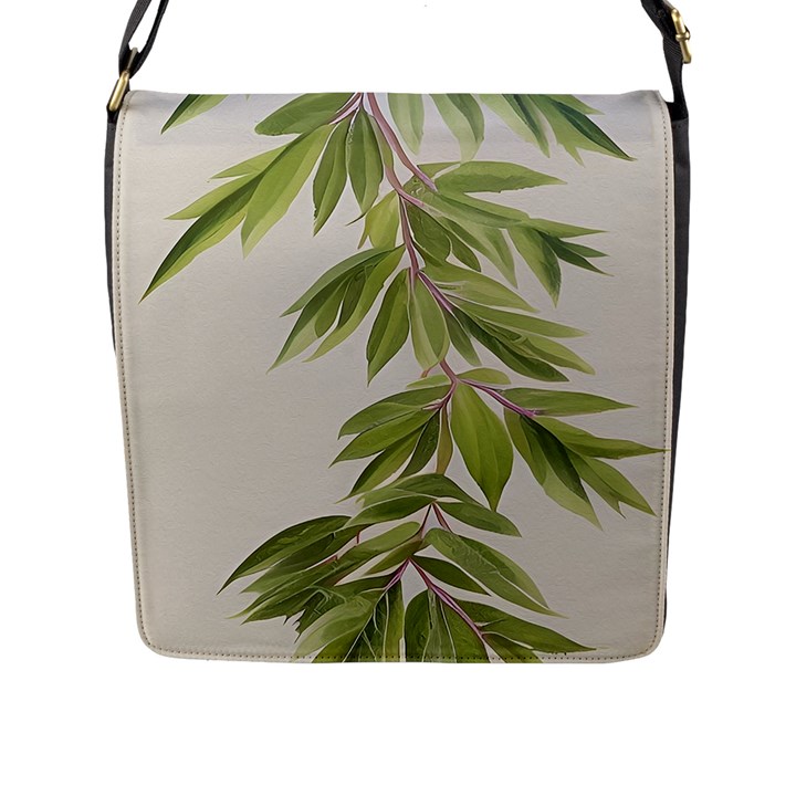 Watercolor Leaves Branch Nature Plant Growing Still Life Botanical Study Flap Closure Messenger Bag (L)