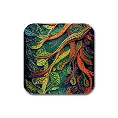 Outdoors Night Setting Scene Forest Woods Light Moonlight Nature Wilderness Leaves Branches Abstract Rubber Square Coaster (4 Pack)