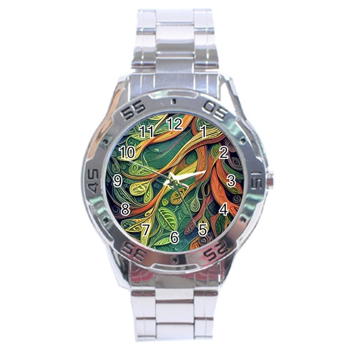 Outdoors Night Setting Scene Forest Woods Light Moonlight Nature Wilderness Leaves Branches Abstract Stainless Steel Analogue Watch