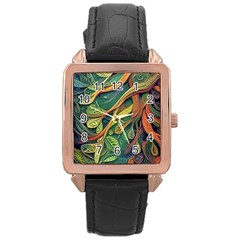 Outdoors Night Setting Scene Forest Woods Light Moonlight Nature Wilderness Leaves Branches Abstract Rose Gold Leather Watch  by Posterlux