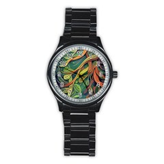 Outdoors Night Setting Scene Forest Woods Light Moonlight Nature Wilderness Leaves Branches Abstract Stainless Steel Round Watch by Posterlux