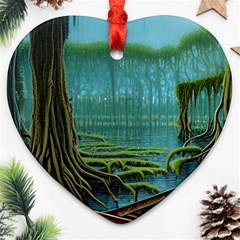 Boat Canoe Swamp Bayou Roots Moss Log Nature Scene Landscape Water Lake Setting Abandoned Rowboat Fi Ornament (heart) by Posterlux