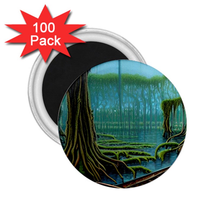 Boat Canoe Swamp Bayou Roots Moss Log Nature Scene Landscape Water Lake Setting Abandoned Rowboat Fi 2.25  Magnets (100 pack) 