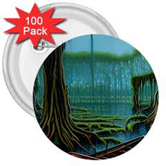 Boat Canoe Swamp Bayou Roots Moss Log Nature Scene Landscape Water Lake Setting Abandoned Rowboat Fi 3  Buttons (100 Pack)  by Posterlux