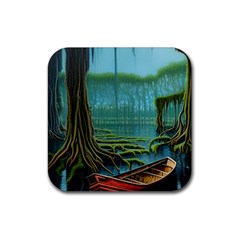 Boat Canoe Swamp Bayou Roots Moss Log Nature Scene Landscape Water Lake Setting Abandoned Rowboat Fi Rubber Coaster (square) by Posterlux