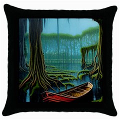 Boat Canoe Swamp Bayou Roots Moss Log Nature Scene Landscape Water Lake Setting Abandoned Rowboat Fi Throw Pillow Case (black) by Posterlux