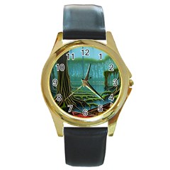 Boat Canoe Swamp Bayou Roots Moss Log Nature Scene Landscape Water Lake Setting Abandoned Rowboat Fi Round Gold Metal Watch by Posterlux