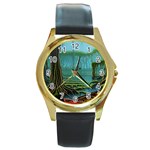 Boat Canoe Swamp Bayou Roots Moss Log Nature Scene Landscape Water Lake Setting Abandoned Rowboat Fi Round Gold Metal Watch Front