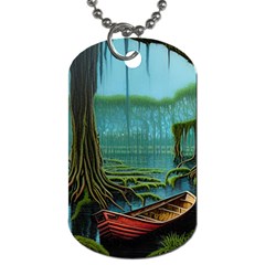 Boat Canoe Swamp Bayou Roots Moss Log Nature Scene Landscape Water Lake Setting Abandoned Rowboat Fi Dog Tag (one Side)