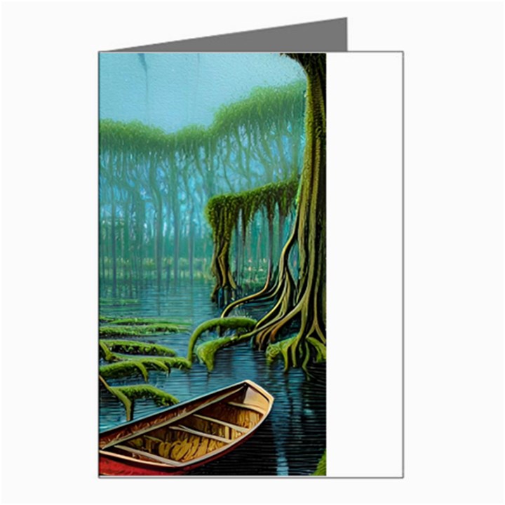 Boat Canoe Swamp Bayou Roots Moss Log Nature Scene Landscape Water Lake Setting Abandoned Rowboat Fi Greeting Card