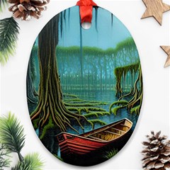 Boat Canoe Swamp Bayou Roots Moss Log Nature Scene Landscape Water Lake Setting Abandoned Rowboat Fi Oval Ornament (two Sides) by Posterlux