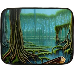 Boat Canoe Swamp Bayou Roots Moss Log Nature Scene Landscape Water Lake Setting Abandoned Rowboat Fi Two Sides Fleece Blanket (mini) by Posterlux