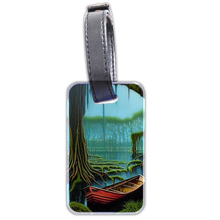 Boat Canoe Swamp Bayou Roots Moss Log Nature Scene Landscape Water Lake Setting Abandoned Rowboat Fi Luggage Tag (two sides)