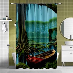 Boat Canoe Swamp Bayou Roots Moss Log Nature Scene Landscape Water Lake Setting Abandoned Rowboat Fi Shower Curtain 48  X 72  (small) 