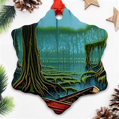 Boat Canoe Swamp Bayou Roots Moss Log Nature Scene Landscape Water Lake Setting Abandoned Rowboat Fi Snowflake Ornament (two Sides) by Posterlux