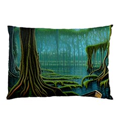 Boat Canoe Swamp Bayou Roots Moss Log Nature Scene Landscape Water Lake Setting Abandoned Rowboat Fi Pillow Case (two Sides) by Posterlux