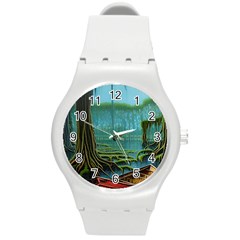 Boat Canoe Swamp Bayou Roots Moss Log Nature Scene Landscape Water Lake Setting Abandoned Rowboat Fi Round Plastic Sport Watch (m)