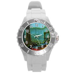 Boat Canoe Swamp Bayou Roots Moss Log Nature Scene Landscape Water Lake Setting Abandoned Rowboat Fi Round Plastic Sport Watch (l) by Posterlux