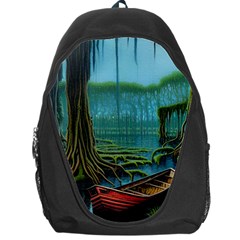 Boat Canoe Swamp Bayou Roots Moss Log Nature Scene Landscape Water Lake Setting Abandoned Rowboat Fi Backpack Bag by Posterlux