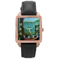 Boat Canoe Swamp Bayou Roots Moss Log Nature Scene Landscape Water Lake Setting Abandoned Rowboat Fi Rose Gold Leather Watch 