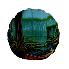 Boat Canoe Swamp Bayou Roots Moss Log Nature Scene Landscape Water Lake Setting Abandoned Rowboat Fi Standard 15  Premium Flano Round Cushions by Posterlux