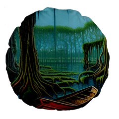 Boat Canoe Swamp Bayou Roots Moss Log Nature Scene Landscape Water Lake Setting Abandoned Rowboat Fi Large 18  Premium Flano Round Cushions