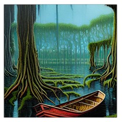 Boat Canoe Swamp Bayou Roots Moss Log Nature Scene Landscape Water Lake Setting Abandoned Rowboat Fi Square Satin Scarf (36  X 36 )