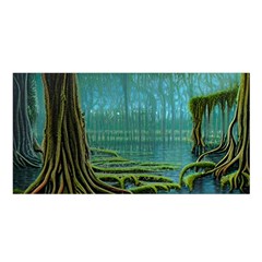 Boat Canoe Swamp Bayou Roots Moss Log Nature Scene Landscape Water Lake Setting Abandoned Rowboat Fi Satin Shawl 45  X 80  by Posterlux