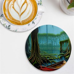 Boat Canoe Swamp Bayou Roots Moss Log Nature Scene Landscape Water Lake Setting Abandoned Rowboat Fi Uv Print Round Tile Coaster by Posterlux