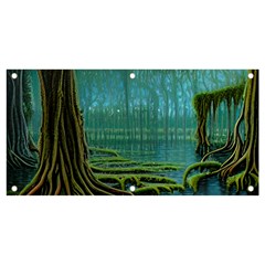 Boat Canoe Swamp Bayou Roots Moss Log Nature Scene Landscape Water Lake Setting Abandoned Rowboat Fi Banner And Sign 4  X 2  by Posterlux