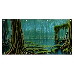 Boat Canoe Swamp Bayou Roots Moss Log Nature Scene Landscape Water Lake Setting Abandoned Rowboat Fi Banner And Sign 8  X 4  by Posterlux