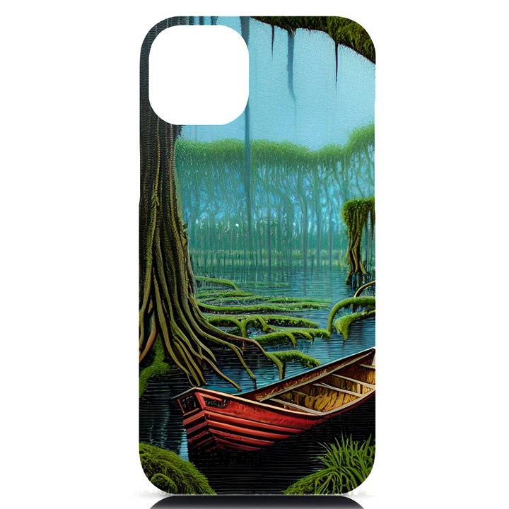 Boat Canoe Swamp Bayou Roots Moss Log Nature Scene Landscape Water Lake Setting Abandoned Rowboat Fi iPhone 14 Plus Black UV Print Case