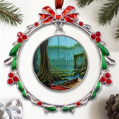 Boat Canoe Swamp Bayou Roots Moss Log Nature Scene Landscape Water Lake Setting Abandoned Rowboat Fi Metal X mas Wreath Ribbon Ornament by Posterlux