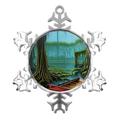 Boat Canoe Swamp Bayou Roots Moss Log Nature Scene Landscape Water Lake Setting Abandoned Rowboat Fi Metal Small Snowflake Ornament by Posterlux