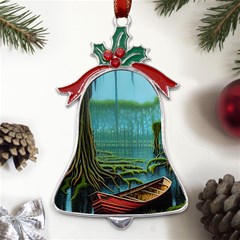 Boat Canoe Swamp Bayou Roots Moss Log Nature Scene Landscape Water Lake Setting Abandoned Rowboat Fi Metal Holly Leaf Bell Ornament